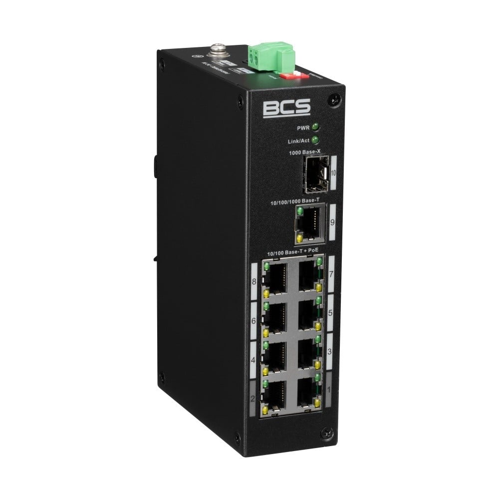 BCS BCS-L-SP0801G-1SFP(2) Commutateur PoE industriel 8 ports sur rail DIN avec technologie exPoE 96W