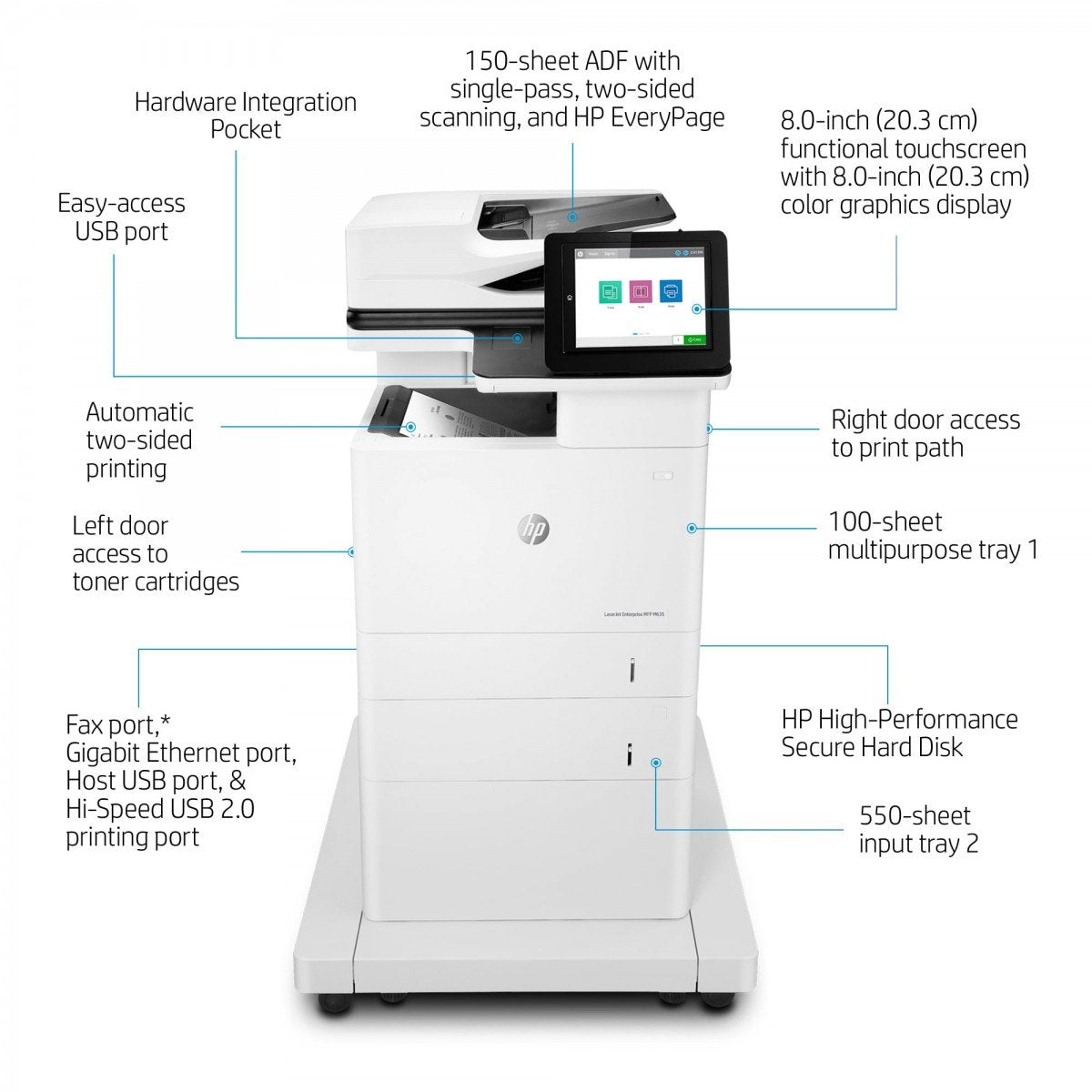 HP LaserJet Enterprise MFP M635fht MFP Mono laser 216x864mm A4 61ppm Copy 61ppm Print 1200sheets USB LAN