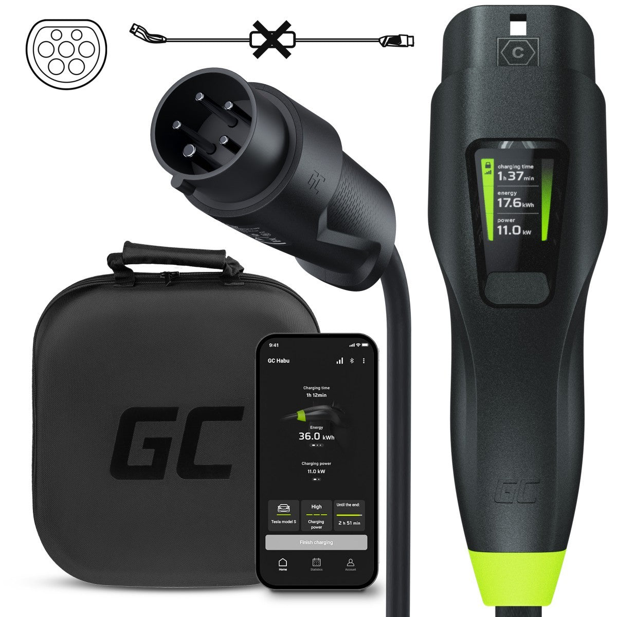 Green Cell EVGC01 - Noir - Type 2 - Droit - Droit - IP55 - Noir