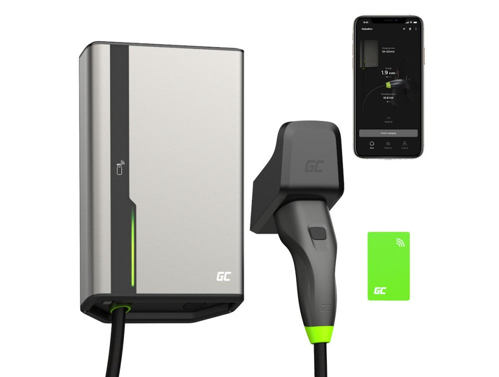Green Cell EVGC021B2250 HabuDen Wallbox 22kW 32A 5m NFC Câble Type 2 Borne de recharge EV intelligente avec GC App Bluetooth WiFi