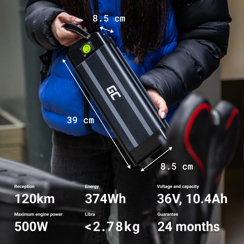 Green Cell EBIKEGCFSF36V10A Batterie Silverfish pour vélo électrique avec Chargeur 36V 10.4Ah 374Wh pour Zündapp