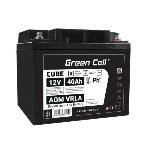 Batterie sans entretien Green Cell Cube AGM VRLA IP54 12V 40Ah pour tondeuses a gazon, scooters, bateaux et fauteuils roulants