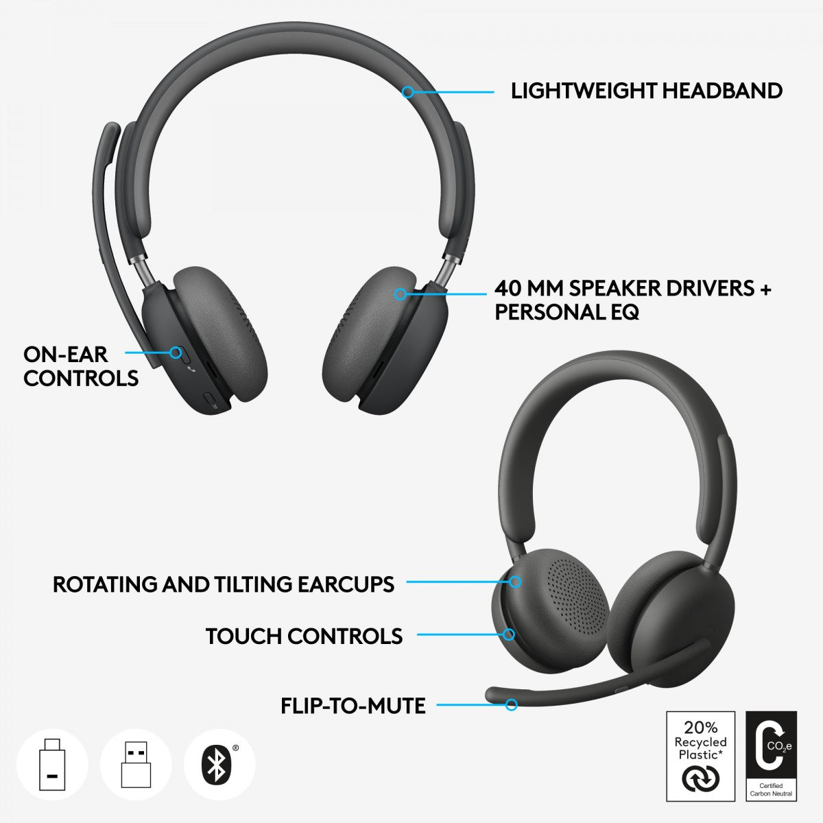 LOGITECH HEADSET - Zone Wireless 2 UC - GRAPHITE UC - 2.4GHZ/BT - EMEA-914 - A00174 A00172 NO STAND