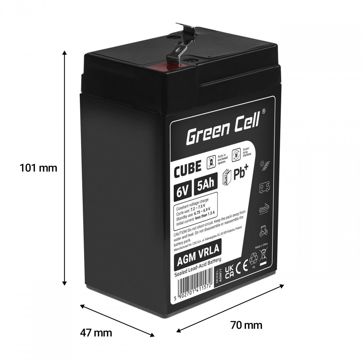Batterie sans entretien Green Cell Cube AGM VRLA IP54 6V 5Ah pour systemes d'alarme, caisses enregistreuses, jouets