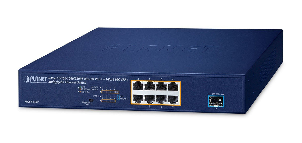 Planet MGS-910XP 8-Port 10/100/1000/2500T 802.3at PoE + 1-Port 10G SFP+ Multigigabit Ethernet Switch (120 Watts PoE Budget, Standard/VLAN mode, desktop size wit