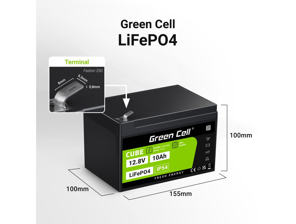 Green Cell LFPGC12V10AH CUBE Batterie LiFePO4 10Ah 12.8V 128Wh Lithium-Fer-Phosphate pour alimentation de secours et éclairage, centrales d'alarme