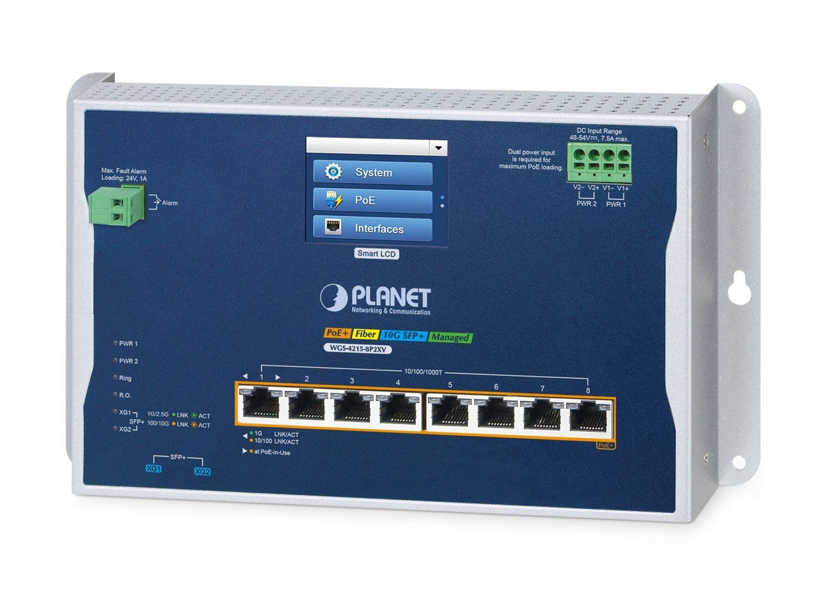 PLANET Industrial 8-Port Wall-mount Switch WGS-4215-8P2XV Géré L2+ Gigabit Ethernet (10/100/1000) Connexion Ethernet, supportant l'alimentation via ce port (PoE