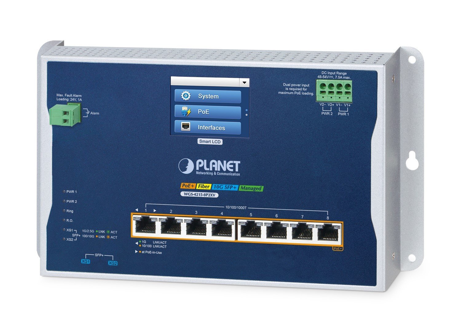 PLANET Industrial 8-Port Wall-mount Switch WGS-4215-8P2XV Géré L2+ Gigabit Ethernet (10/100/1000) Connexion Ethernet, supportant l'alimentation via ce port (PoE
