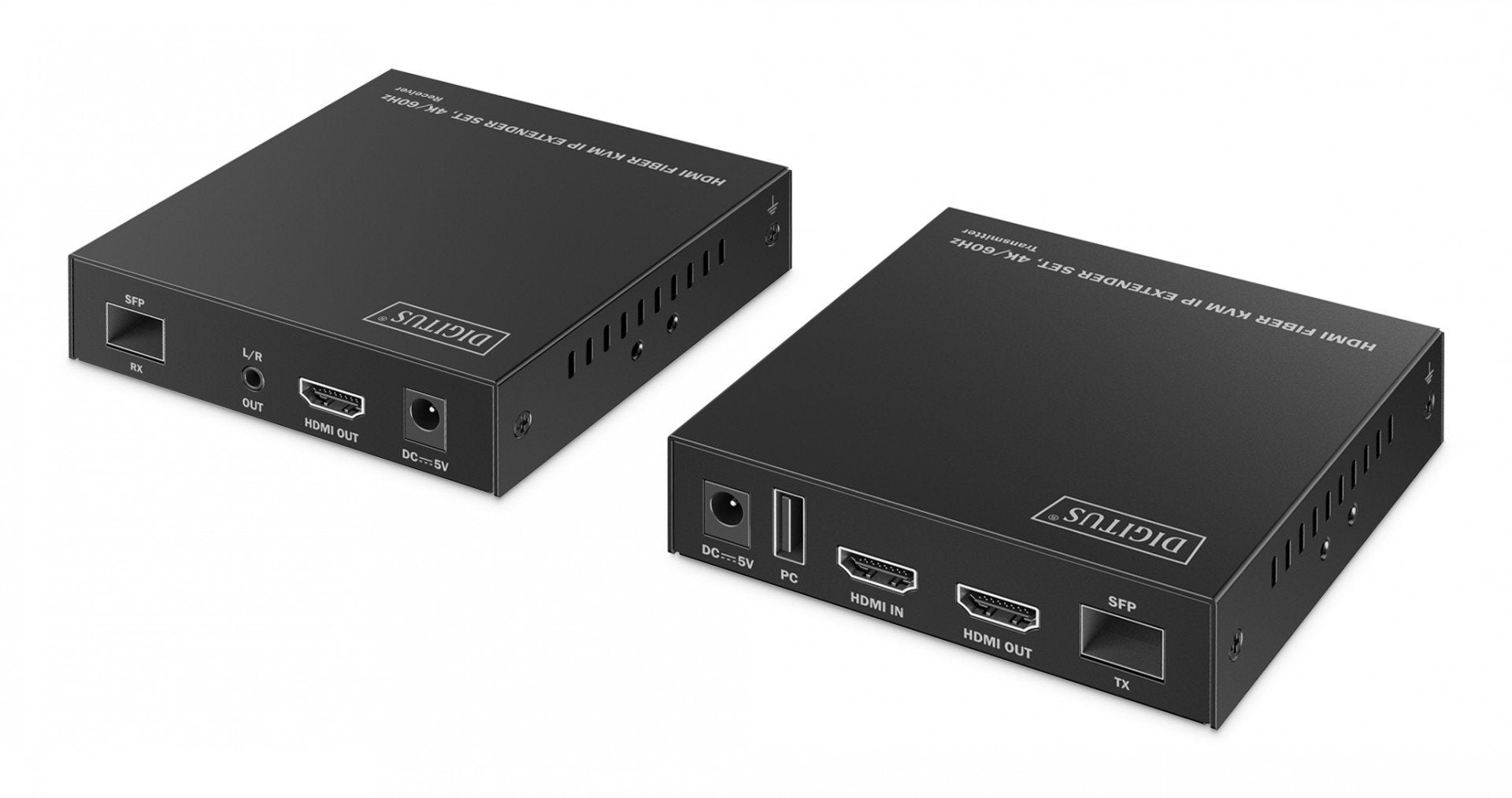 Extenseur HDMI fibre optique 4K/60Hz avec KVM USB 1.1 sur IP 1G jusqu'a 40 km/300 m, max. 253 récepteurs, HDMI Loop-Out, Audio - ensemble