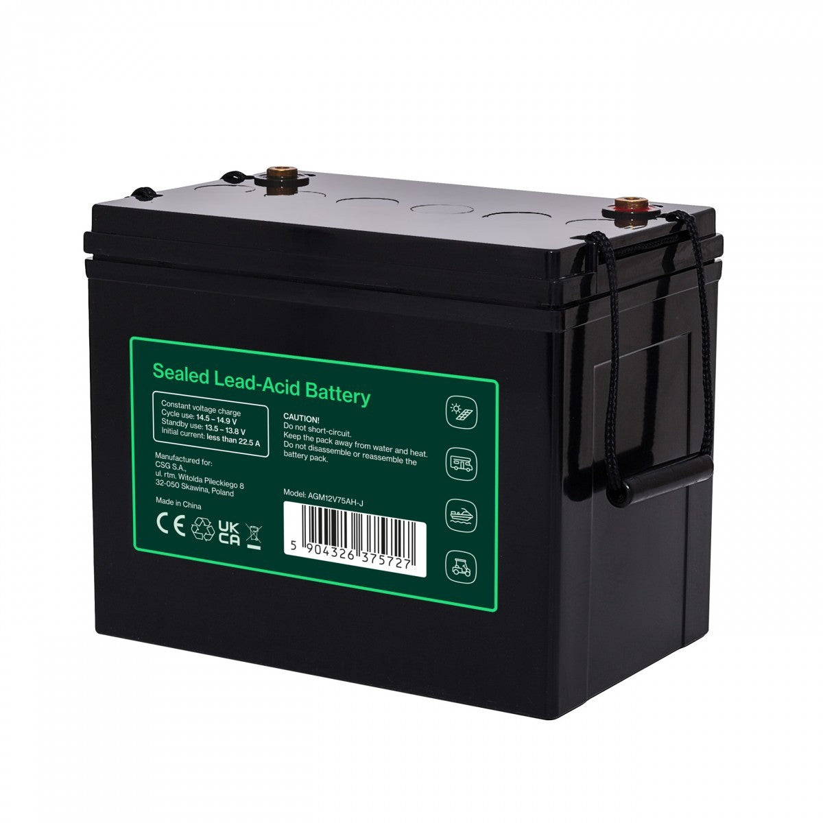 Batterie sans entretien Green Cell Cube AGM VRLA IP54 12V 75Ah pour camping-cars, photovoltaiques, panneaux solaires et bateaux