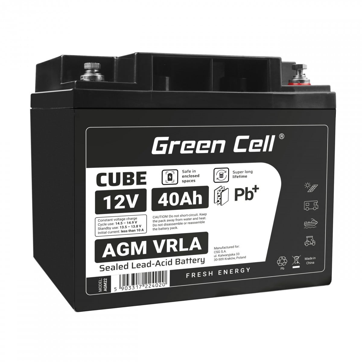 Batterie sans entretien Green Cell Cube AGM VRLA IP54 12V 40Ah pour tondeuses a gazon, scooters, bateaux et fauteuils roulants