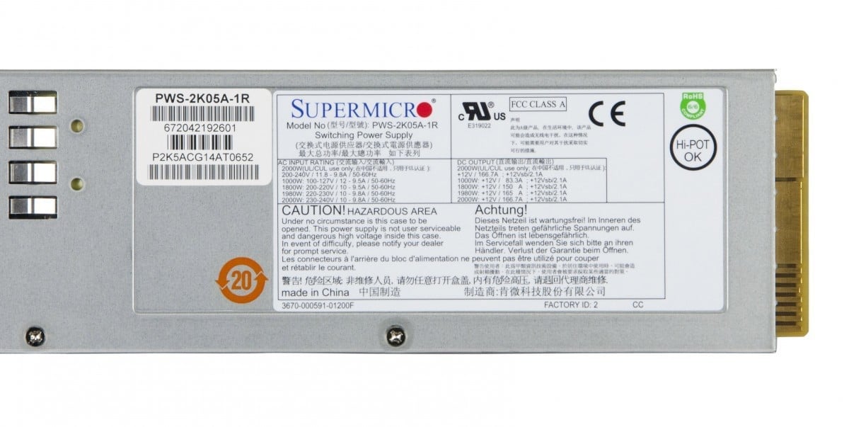Supermicro PWS-2K05A-1R unité d'alimentation d'énergie 2000 W 1U Métallique