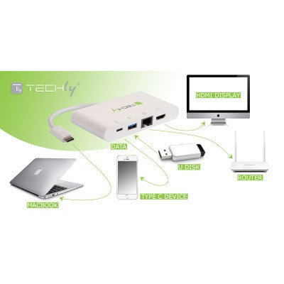 Techly IADAP USB31-DOCK1 Adaptateur USB-C vers HDMI 4K, USB-A 3.0, RJ45 Gigabit, USB-C PD