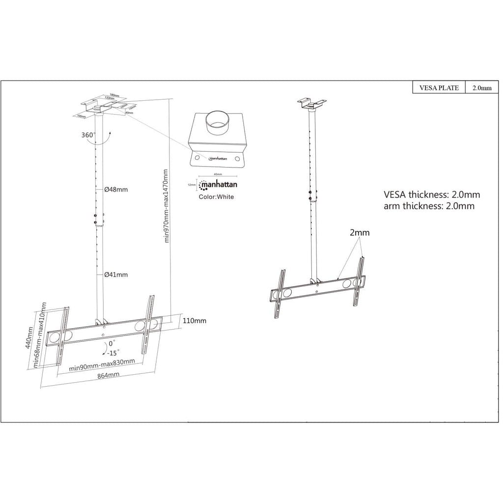 "Manhattan 423625 Bras de montage au plafond LCD 70"""