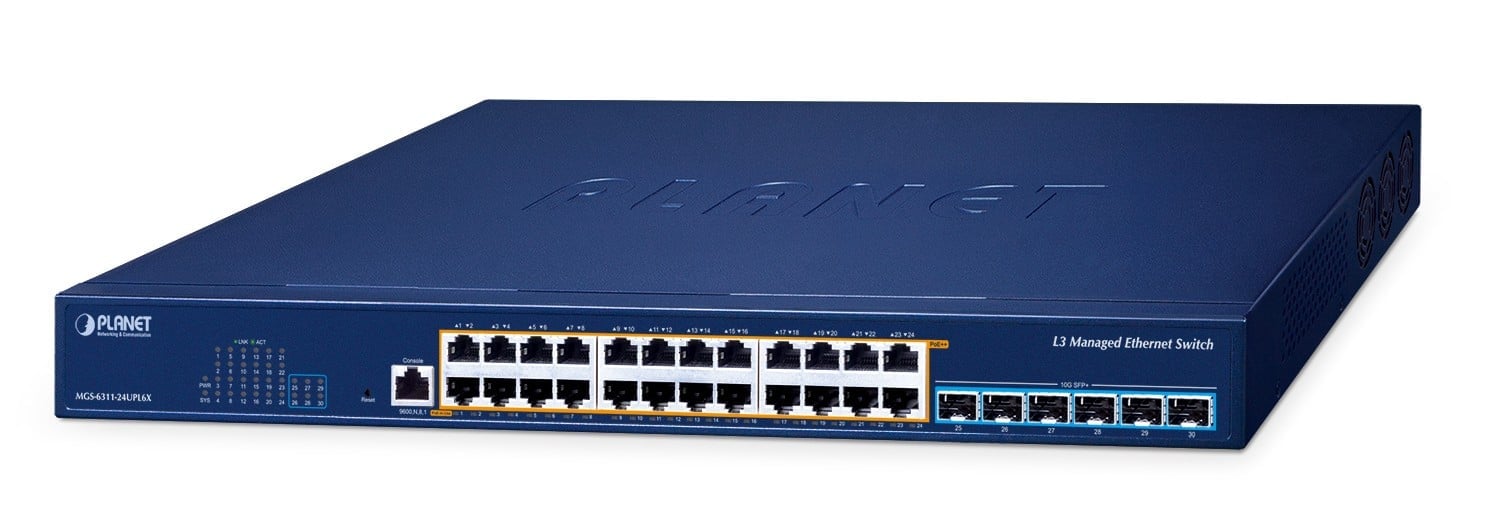 PLANET Layer 3, 24-Port 2.5GBASE-T 95W 802.3bt PoE + 6-Port 10GBASE-X SFP+ Managed Ethernet Switch Géré L3 2.5G Ethernet (100/1000/2500) Connexion Ethernet, sup
