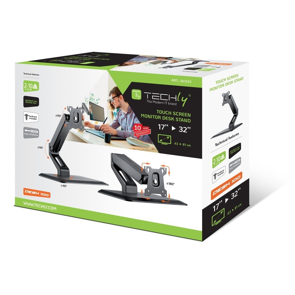 "Techly ICA-LCD 35TS Support de moniteur tactile 17-32"" a ressort a gaz"