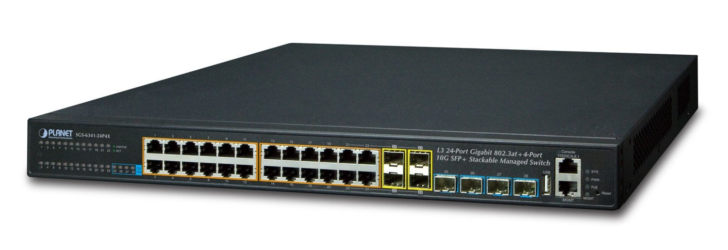 PLANET SGS-6341-24P4X commutateur réseau Géré L3 Gigabit Ethernet (10/100/1000) Connexion Ethernet, supportant l'alimentation via ce port (PoE) 1U Noir