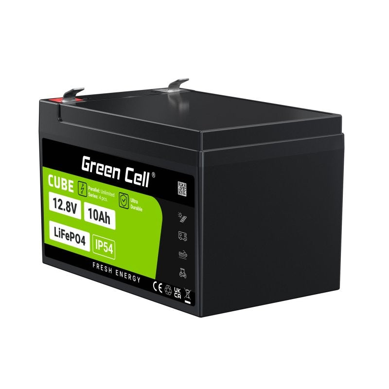 Green Cell LFPGC12V10AH CUBE Batterie LiFePO4 10Ah 12.8V 128Wh Lithium-Fer-Phosphate pour alimentation de secours et éclairage, centrales d'alarme