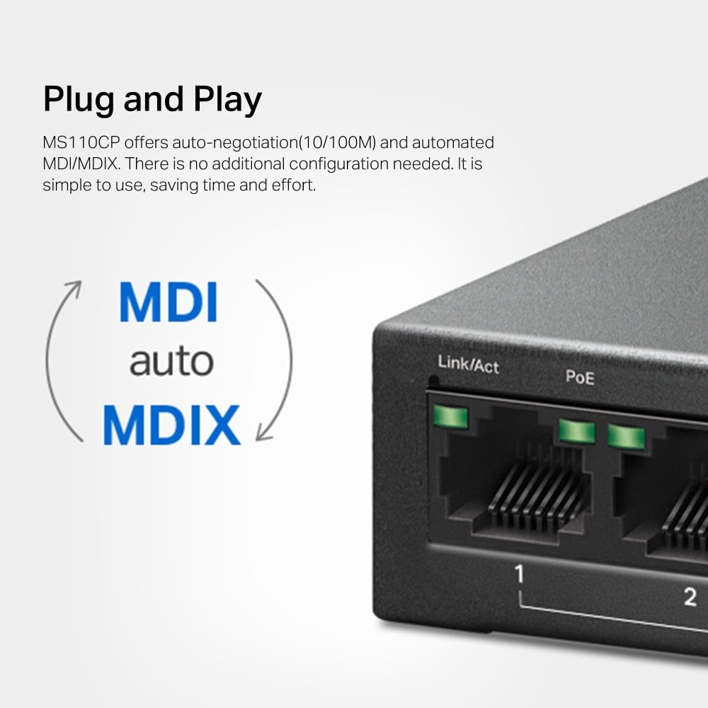 Mercusys MS110CP commutateur réseau Fast Ethernet (10/100) Connexion Ethernet, supportant l'alimentation via ce port (PoE) Noir