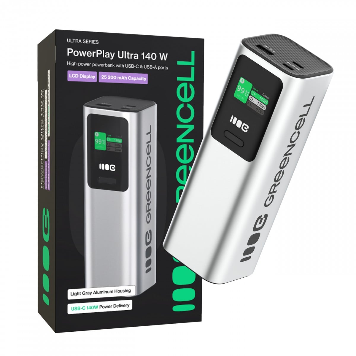 Green Cell PowerPlay Ultra Powerbank 25200mAh 140W PD USB C avec Charge Rapide pour Ordinateur Portable, MacBook, iPhone 16 15 14 Pro Max