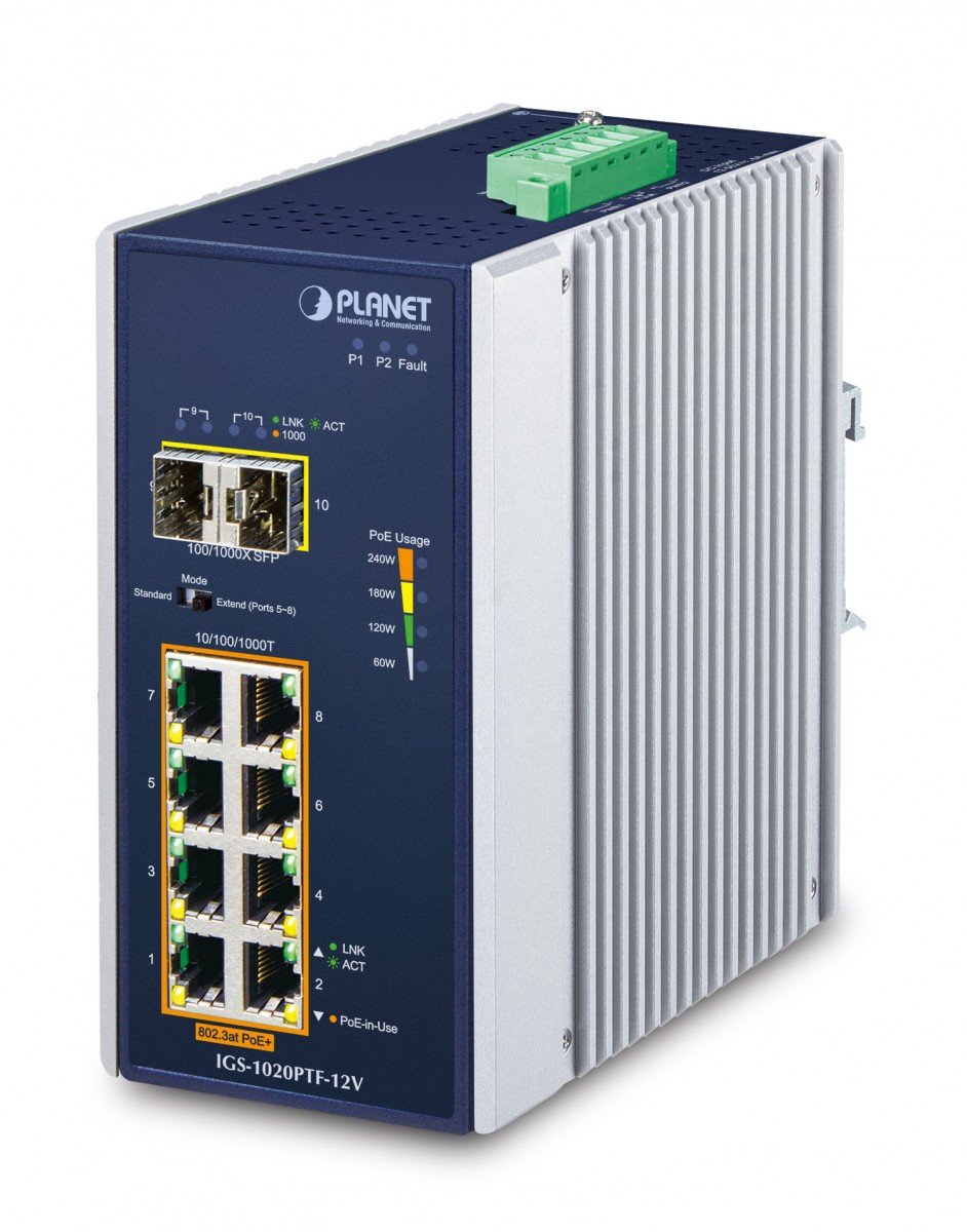 PLANET IP30 Ind 8-P 10/100/1000T Non-géré Gigabit Ethernet (10/100/1000) Connexion Ethernet, supportant l'alimentation via ce port (PoE) Bleu, Blanc