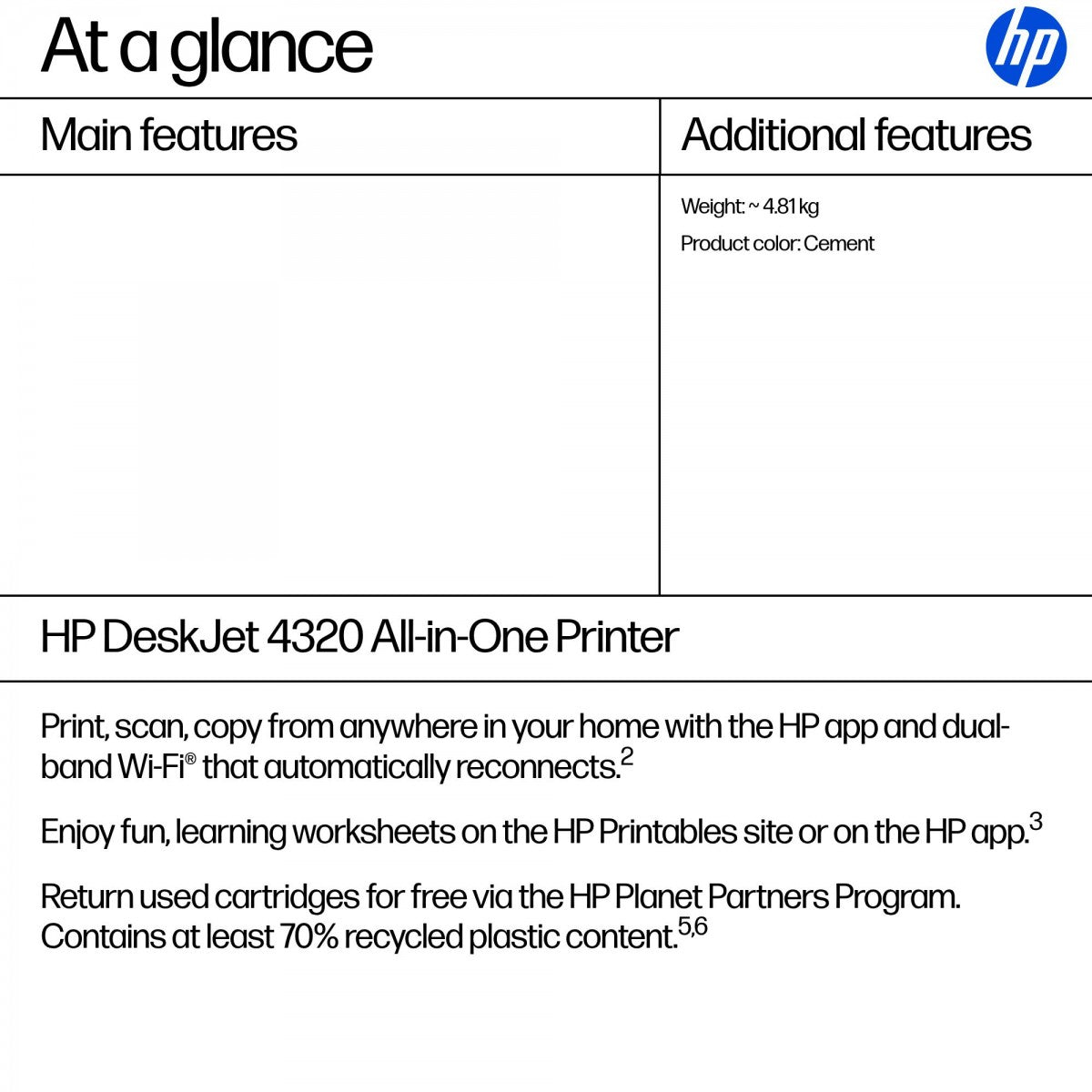 HP DeskJet 4320 A jet d'encre thermique A4 4800 x 1200 DPI 8,5 ppm Wifi