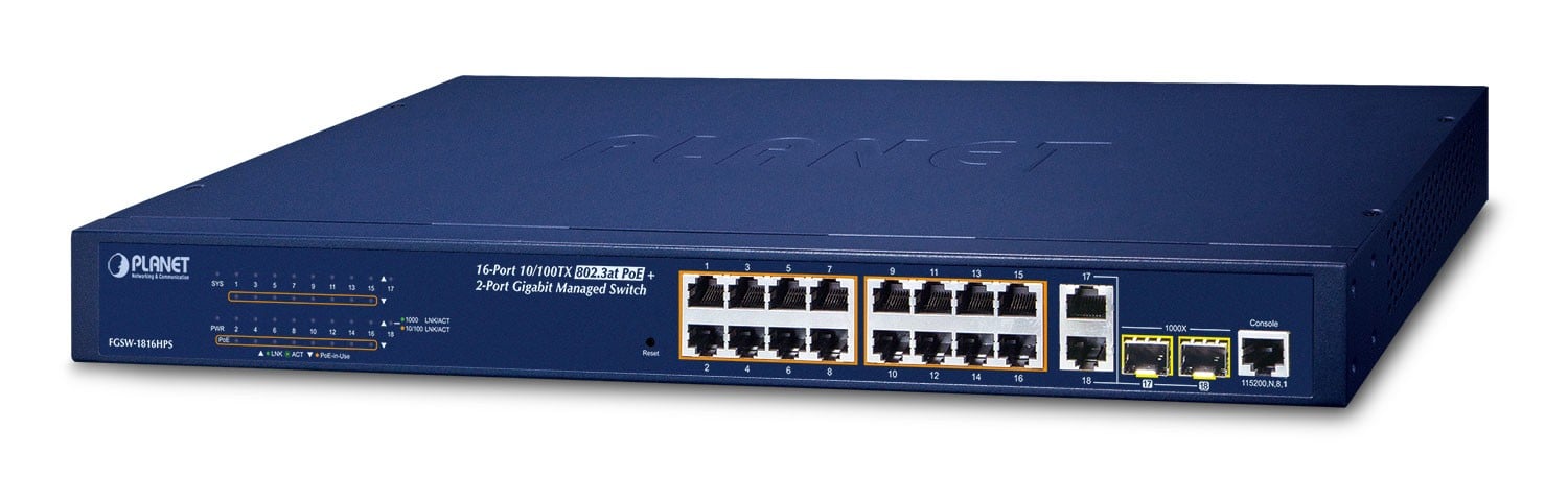 PLANET FGSW-1816HPS commutateur réseau Géré L2 Fast Ethernet (10/100) Connexion Ethernet, supportant l'alimentation via ce port (PoE) Bleu