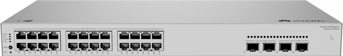 HUAWEI Data Communication S220S-24P4JX S220S-24P4JX S220S-24P4JX 24x10/100/1000BASE-T ports 400 W PoE+ 2x10GE SFP+ ports eKit