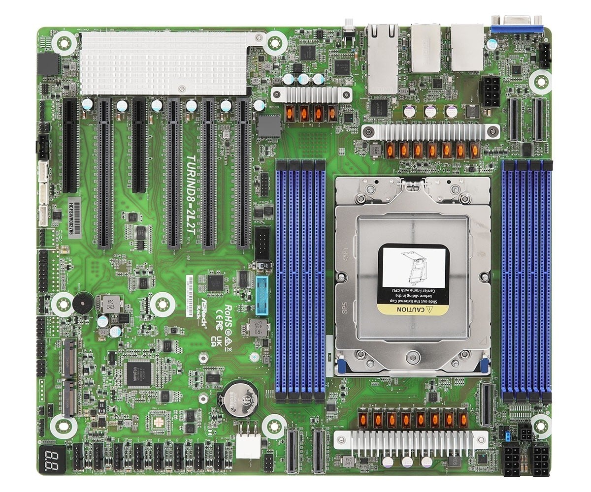 ASRock TURIND8-2L2T, 1xSKT, LGA 6096, AMD EPYC 9005, SoC, SATA, NVMe, 2xM.2, 2x10GbE, 2xGbE, IPMI