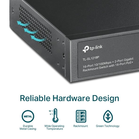 TP-LINK 16-Port 10/100Mbps + 2-Port Gigabit Rackmount Switch with 16-Port PoE+