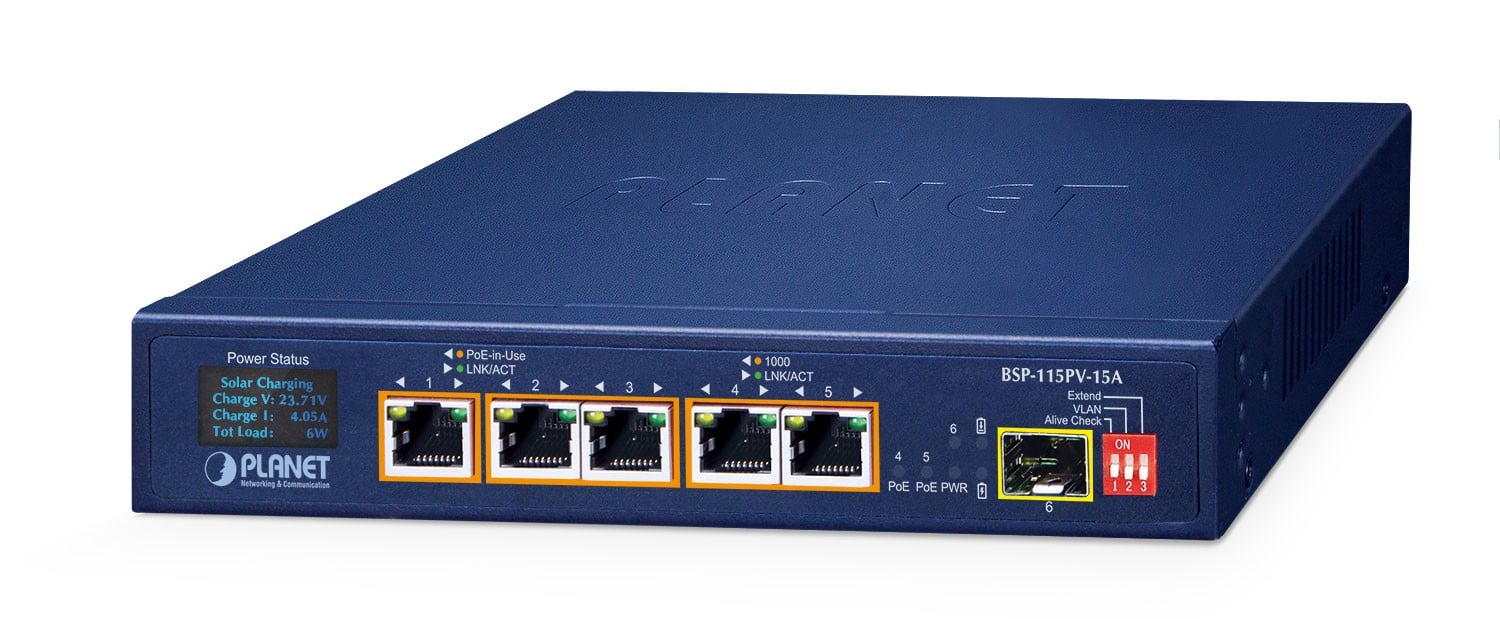 PLANET BSP-115PV-15A commutateur réseau Non-géré Gigabit Ethernet (10/100/1000) Connexion Ethernet, supportant l'alimentation via ce port (PoE) Bleu