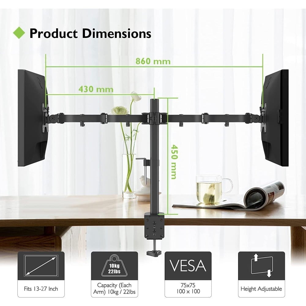 Techly ICA-LCD 382-D Support de double moniteur 13-27” LCD 10kg de bureau rotatif