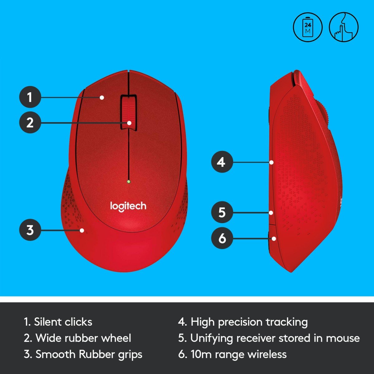 LOGITECH M330 SILENT PLUS Mouse 3 buttons wireless 2.4 GHz USB wireless receiver red