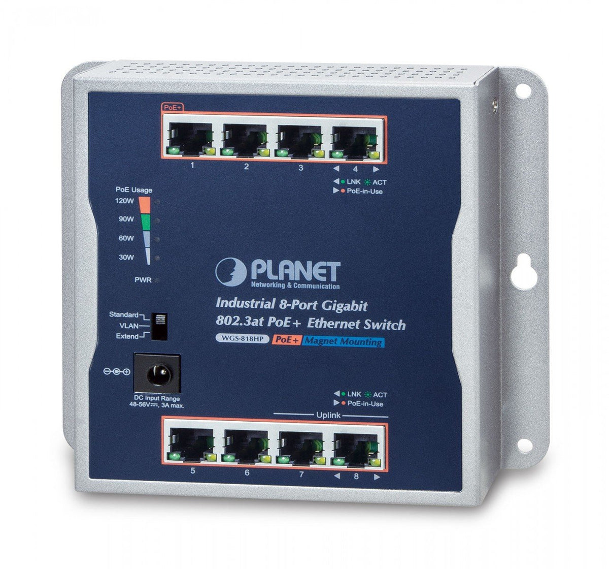 PLANET IP30 Industrial 8-Port Non-géré Gigabit Ethernet (10/100/1000) Connexion Ethernet, supportant l'alimentation via ce port (PoE) Gris