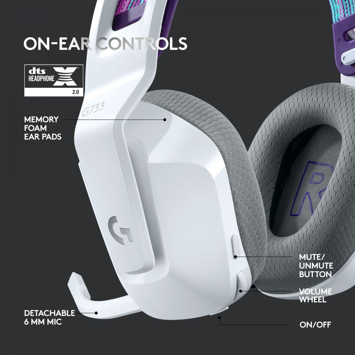 LOGITECH G G733 LIGHTSPEED Wireless RGB Gaming Headset Headset full size 2.4 GHz wireless white