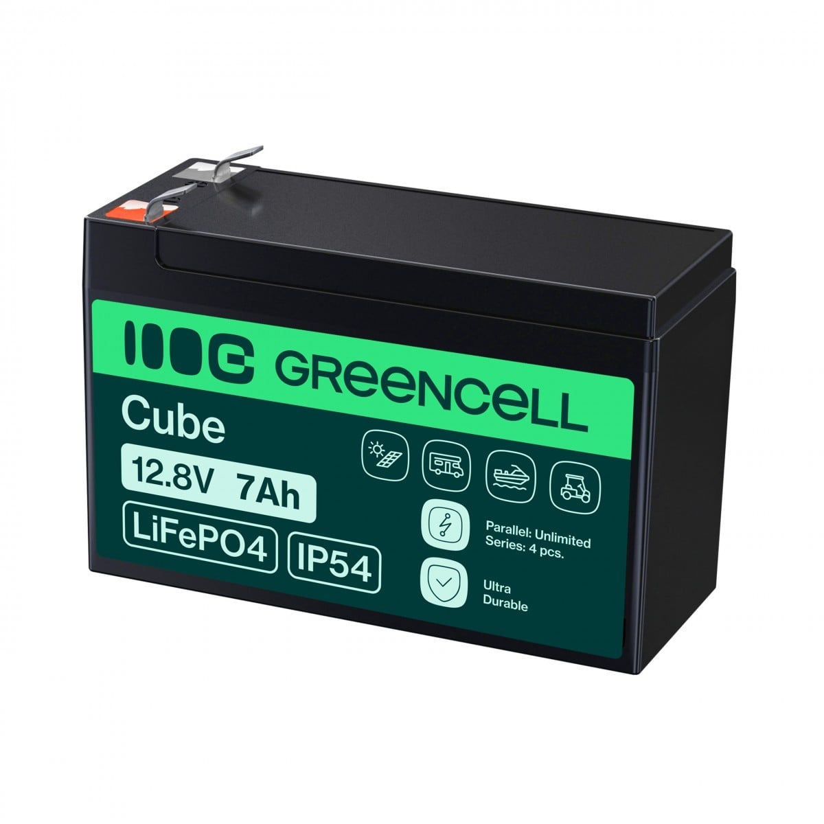 Green Cell LFPGC12V7AH CUBE Batterie LiFePO4 7Ah 12.8V 89.6Wh Lithium-Fer-Phosphate pour alimentations UPS, Surveillance de sécurité