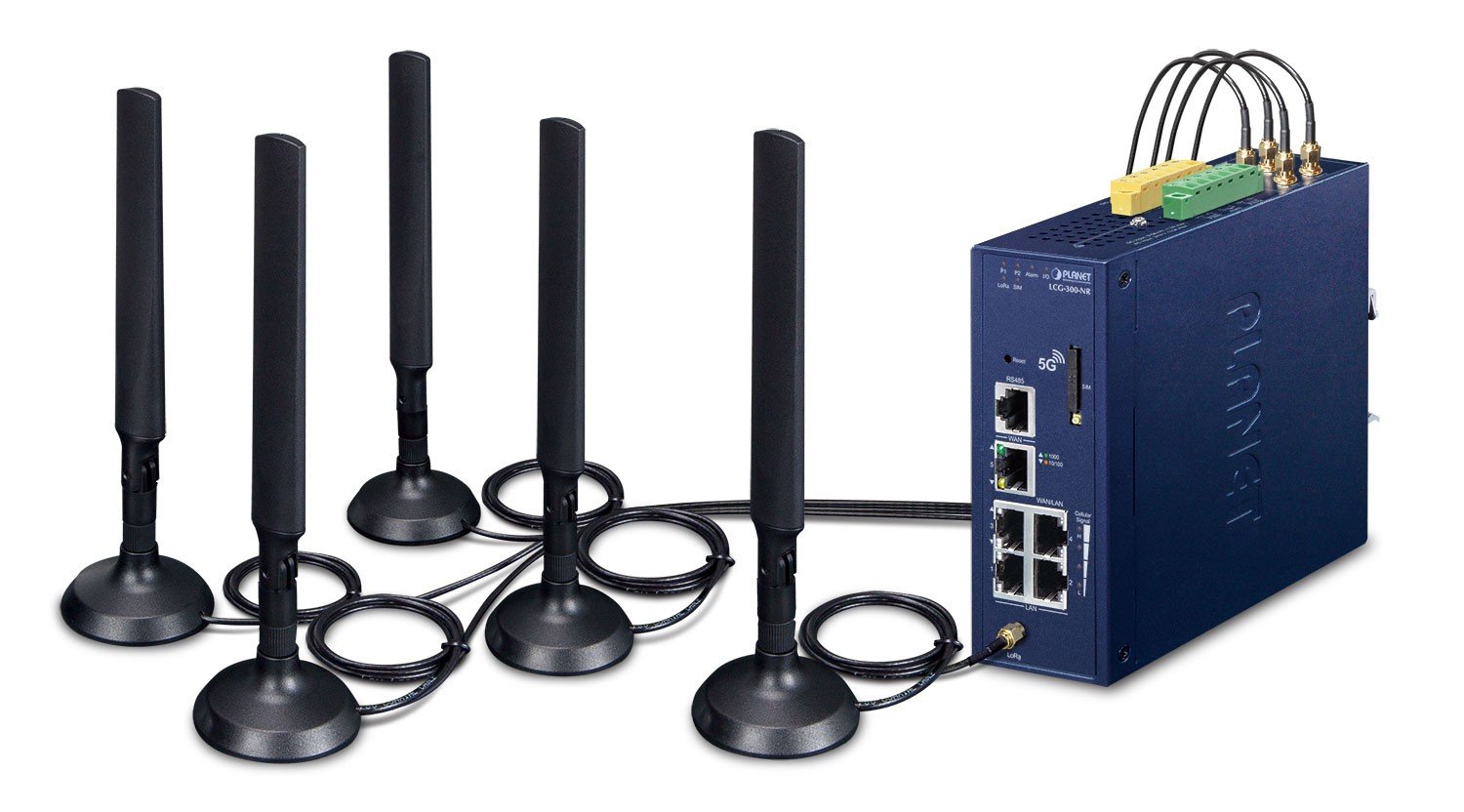 Planet LCG-300-NR-US IP30 Industrial IoT LoRaWAN + 5G NR Cellular Gateway with 5-Port 10/100/1000T - US915 MHz