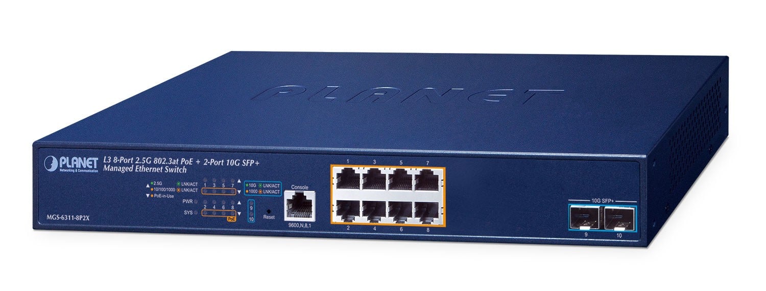 PLANET Layer 3, 8-Port 2.5GBASE-T Géré L3 2.5G Ethernet (100/1000/2500) Connexion Ethernet, supportant l'alimentation via ce port (PoE) 1U Bleu