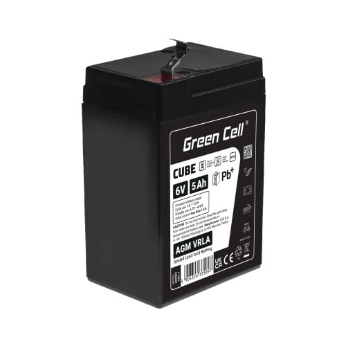 Batterie sans entretien Green Cell Cube AGM VRLA IP54 6V 5Ah pour systemes d'alarme, caisses enregistreuses, jouets