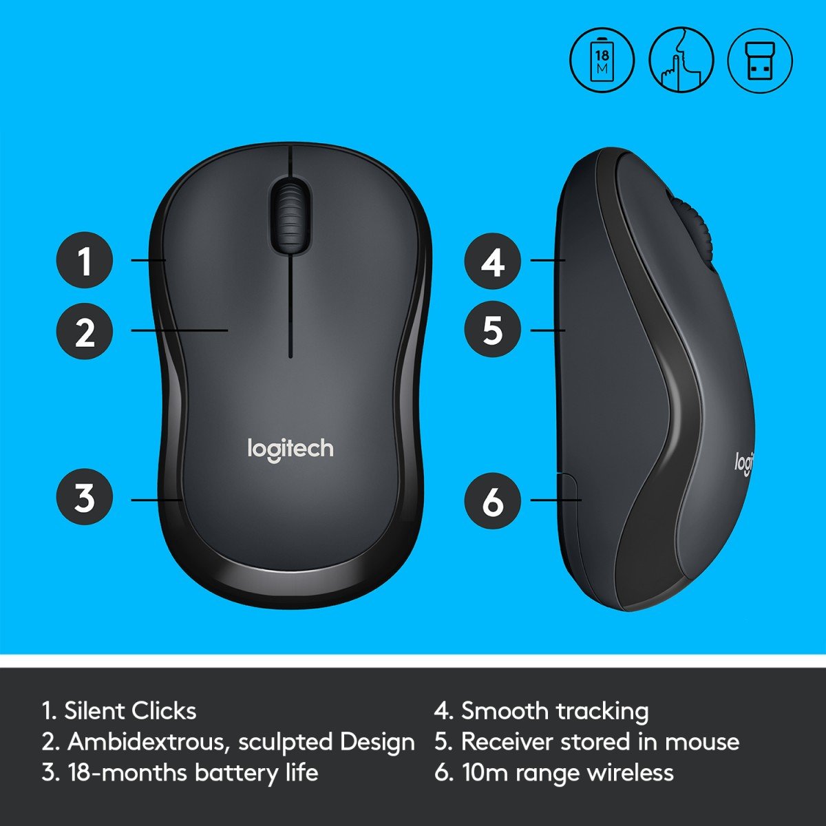 LOGITECH M220 Silent Mouse optical 3 buttons wireless 2.4 GHz USB wireless receiver charcoal