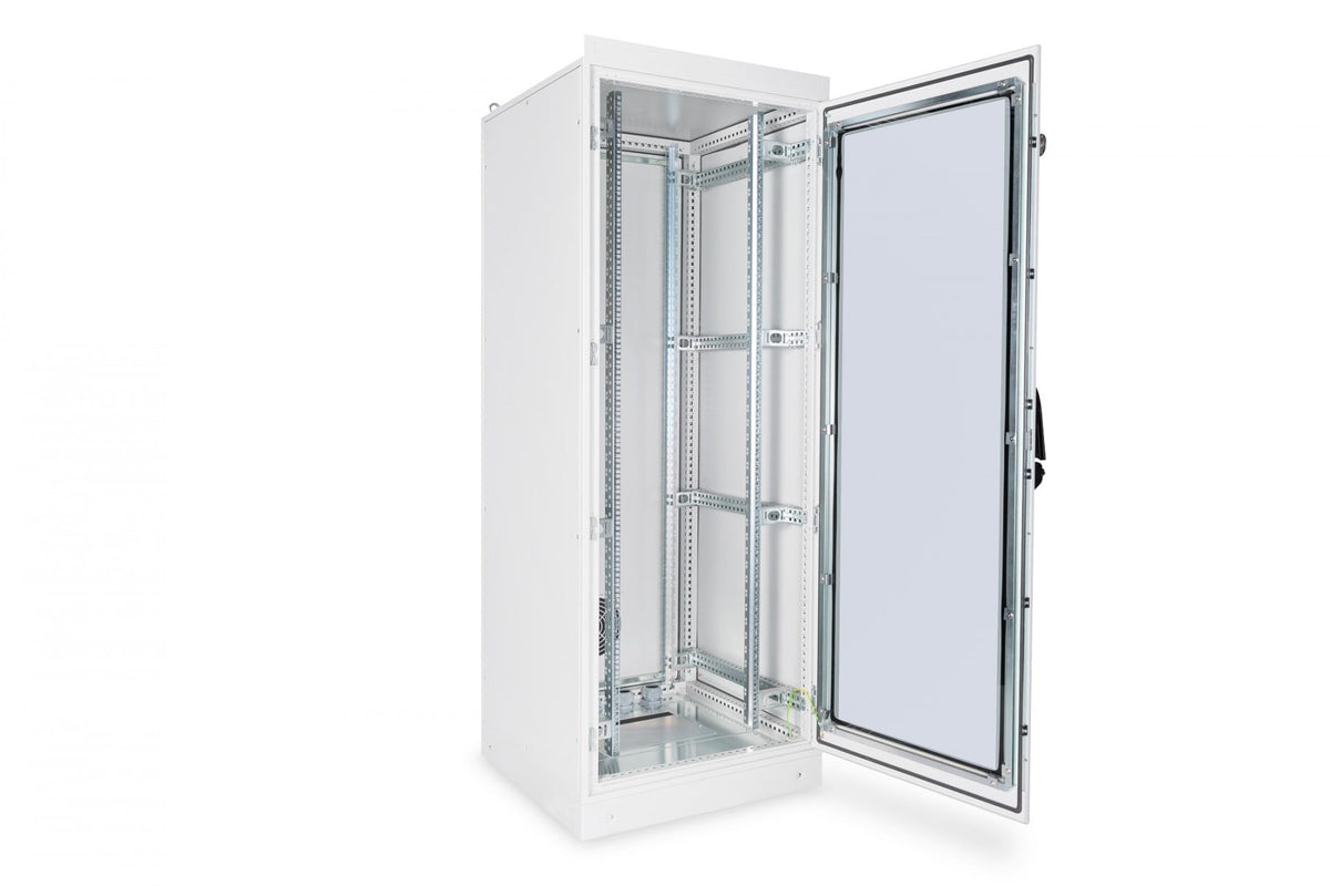 "Armoire industrielle IP55 debout 19"" 42U rack 800x800, porte avant en verre, socle, gris, 1500kg 2100x800x800, incl. socle, gris (RAL 7035)"