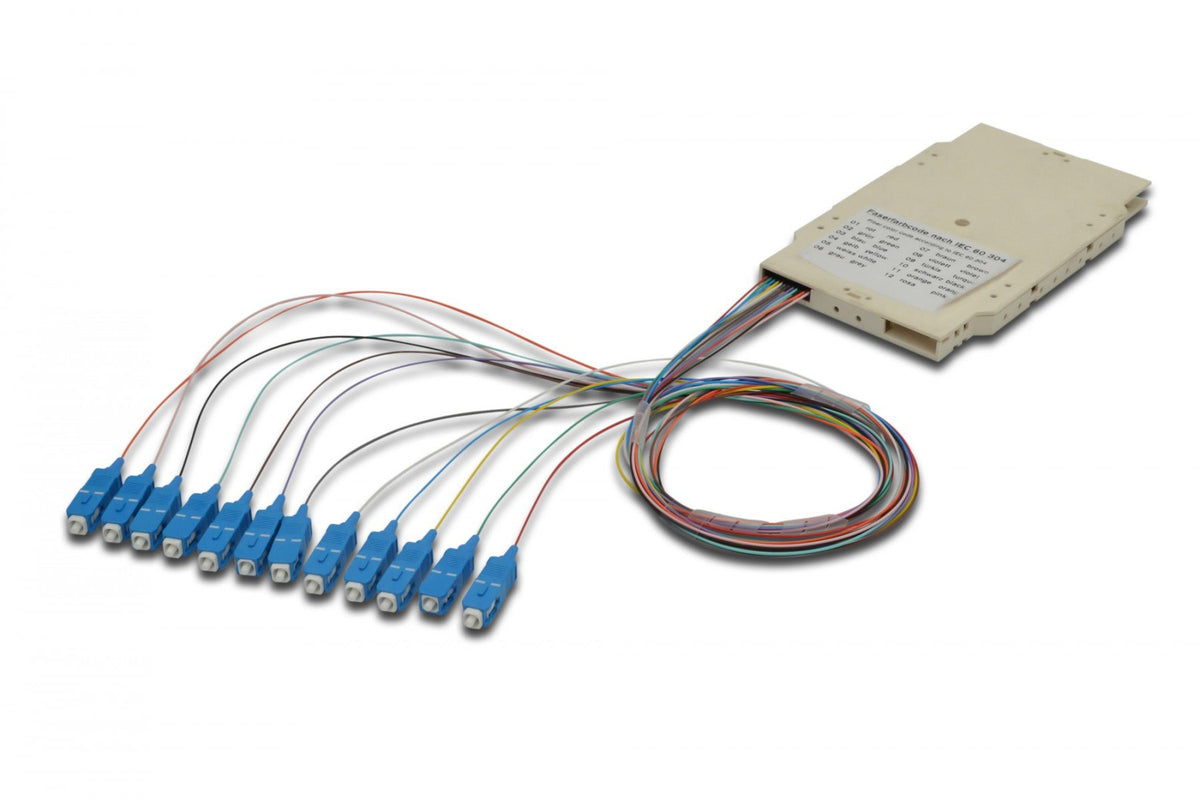 Plateau de fusion en fibre optique avec 12 pigtails SC colorés (UPC), MM OM3 50/125, 2 m, LSZH