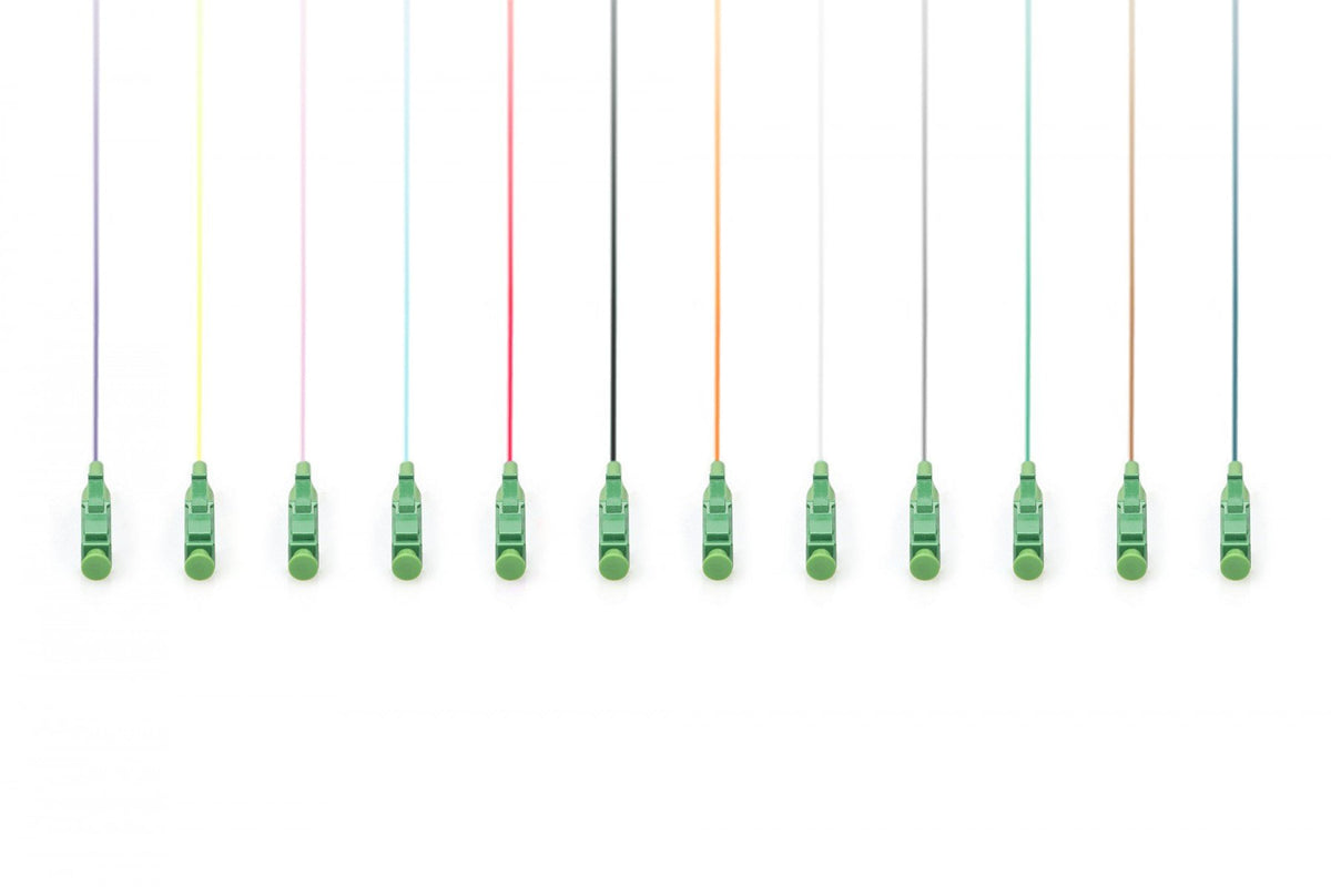 Pigtail fibre optique 12 pieces, LC/APC simplex, SM 9/125, OS2 2 m, 12 couleurs