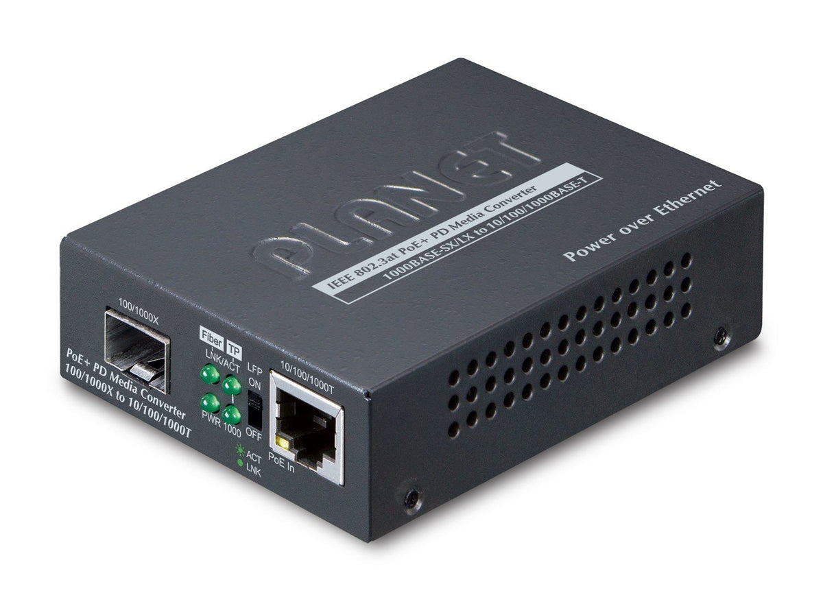 PLANET 802.3at PoE+ PD convertisseur de support réseau 2000 Mbit/s Noir