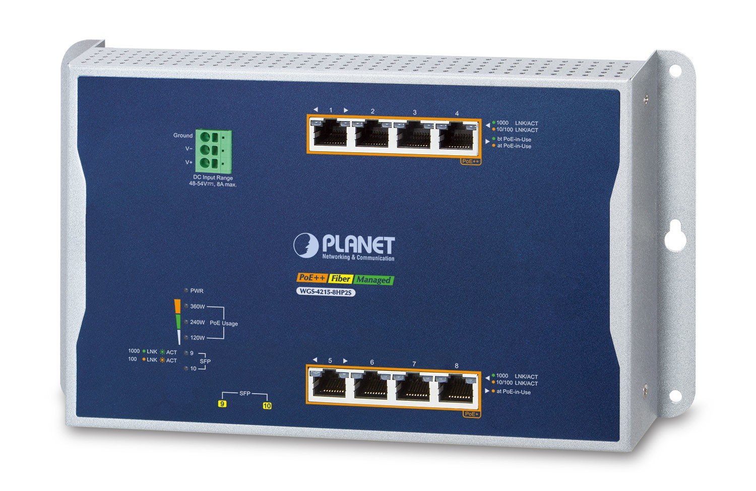 PLANET IP30, IPv6/IPv4, 4-Port Géré L2/L2+ Gigabit Ethernet (10/100/1000) Connexion Ethernet, supportant l'alimentation via ce port (PoE) Bleu, Gris