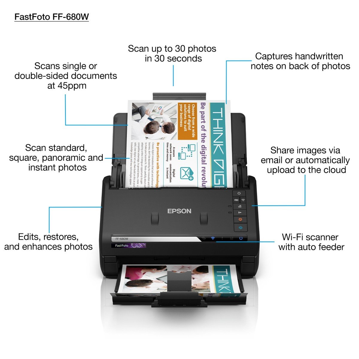 EPSON FastFoto FF-680W Document scanner Contact Image SensorCIS Duplex A4 600x600dpi 45ppm mono/45ppm colour ADF USB 3.0 Wi-Fi