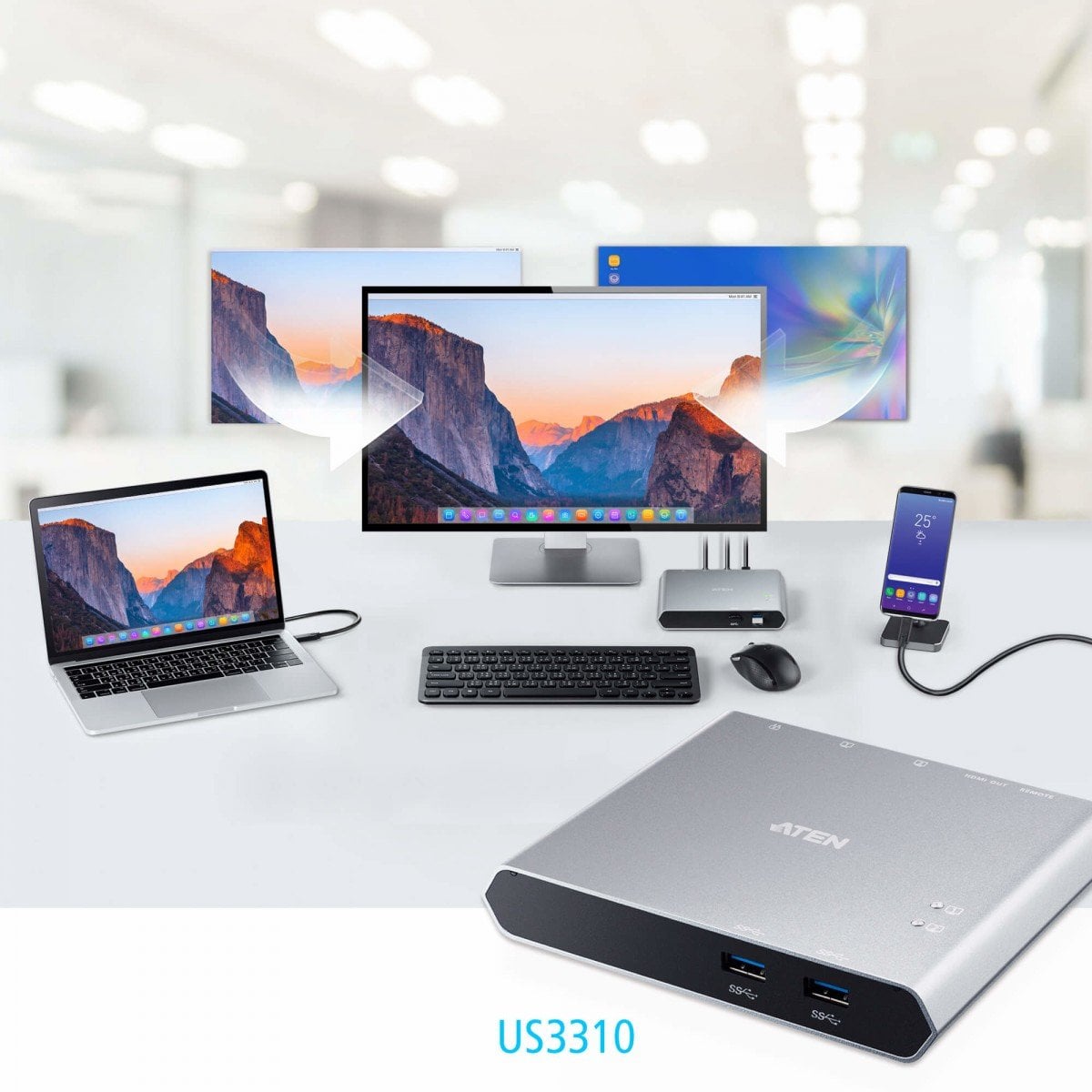 ATEN US3310 commutateur écran, clavier et souris Argent