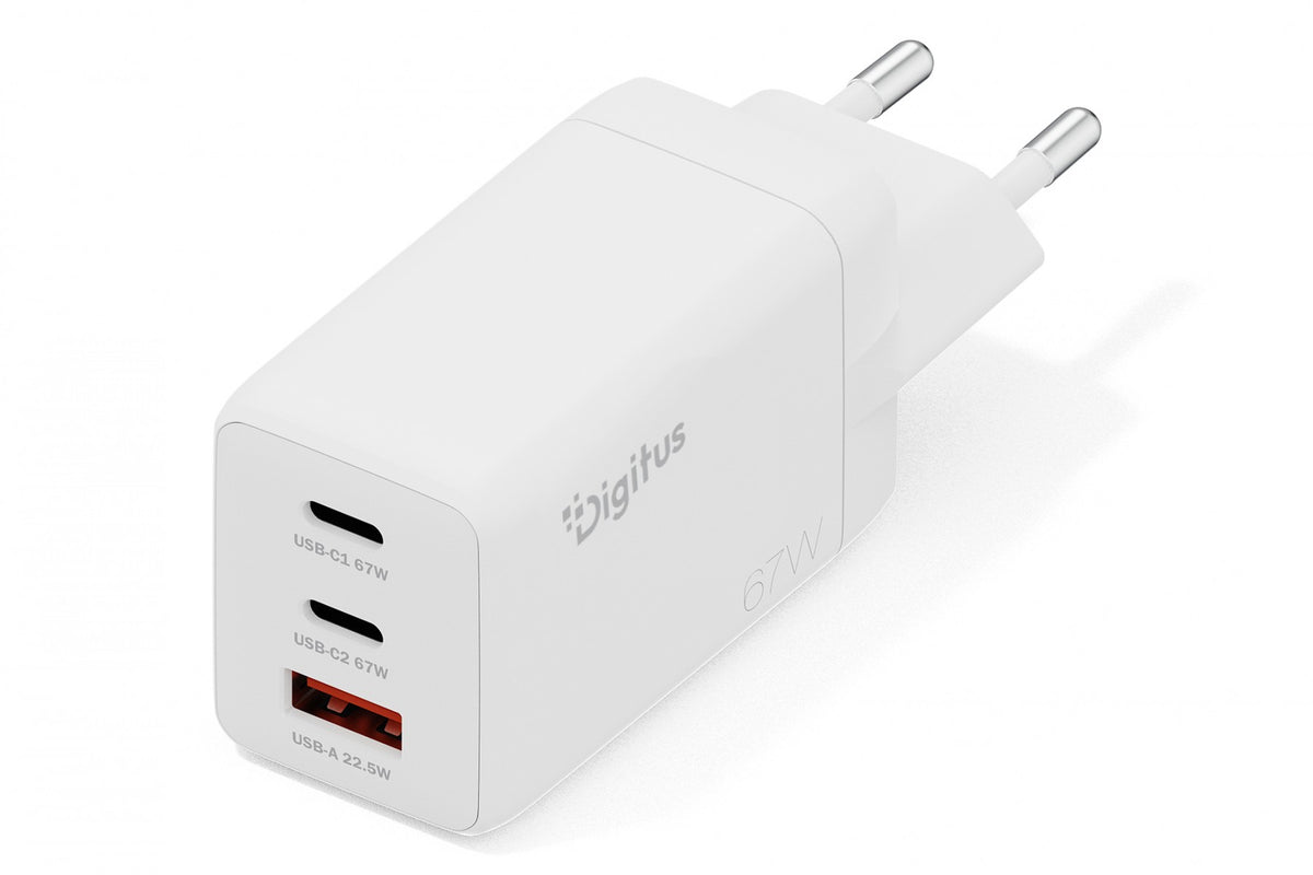 Digitus DA-10303 Chargeur mural GaN II 67W | 2x USB-C, 1x USB-A | PD 3.0, QC 3.0 | Blanc