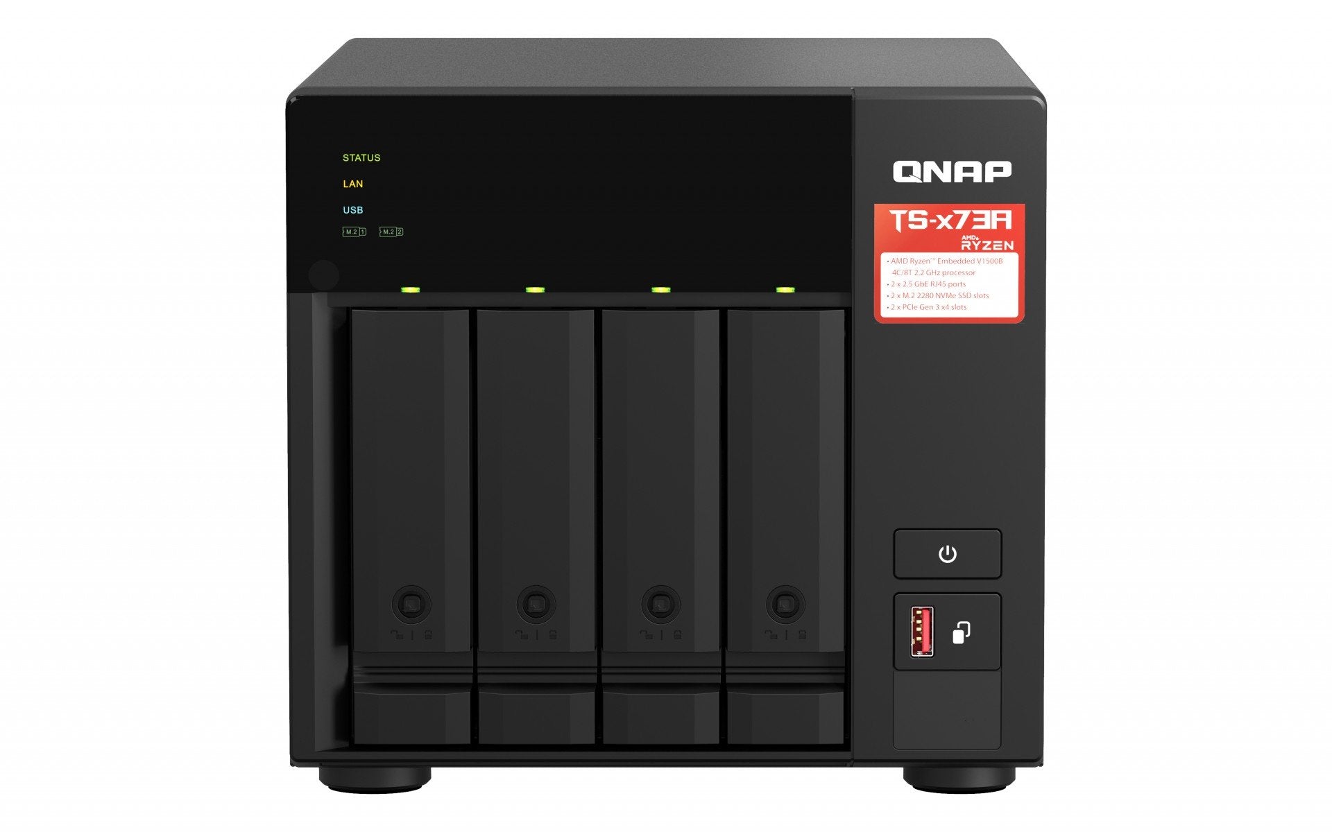 QNAP TS-473A-8G NAS AMD Ryzen Embedded V1500B 8Go SO-DIMM DDR4 4x 2.5/3.5inch SATA 6Gbps 2x M.2 2280 NVMe PCIe Gen3 x1 slots