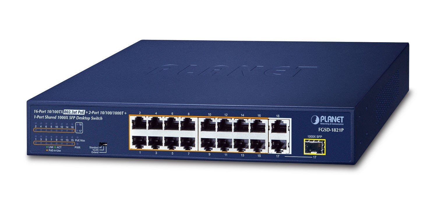 PLANET 16-Port 10/100TX 802.3at PoE Non-géré Fast Ethernet (10/100) Connexion Ethernet, supportant l'alimentation via ce port (PoE) 1U Bleu